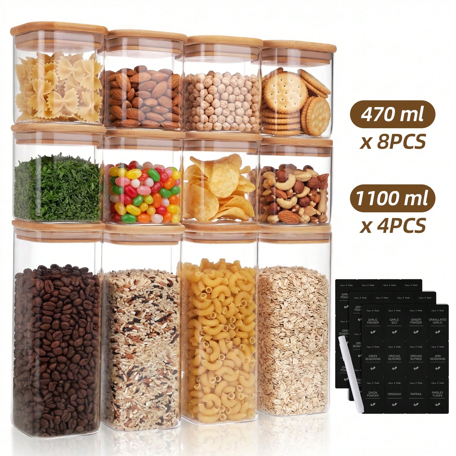 Kitchen Baking Canisters - Tomnk 12個入りガラス製食品保存容器（蓋付き）、小麦粉、砂糖、ベーキング用品、乾燥食品の保存に適した2種類の容量、キッチンパントリー整理用プラスチック容器、キッチンアクセサリー